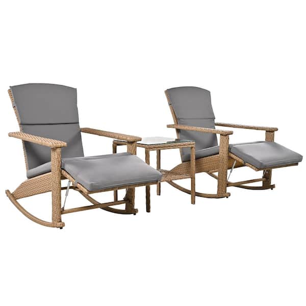 URTR 3-Piece Wicker Outdoor Rocking Chair Set Patio Bistro Conversation Set with Adjustable Rockers and Table, Gray Cushion