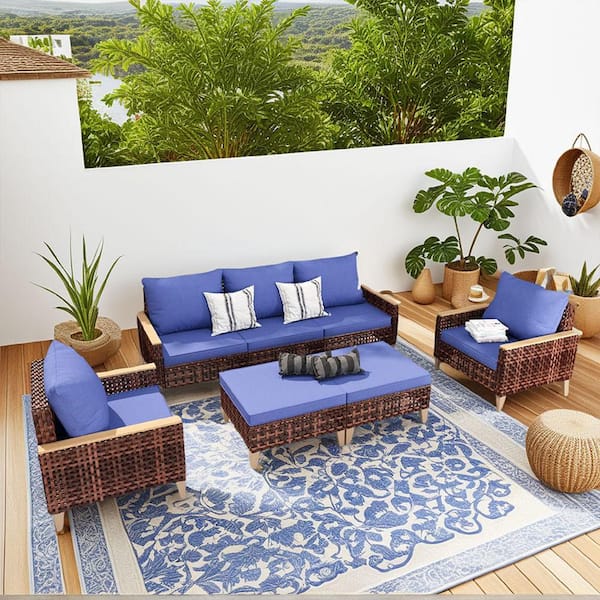 7-Piece Wicker Outdoor Conversation Patio Furniture Set with Blue Cushions