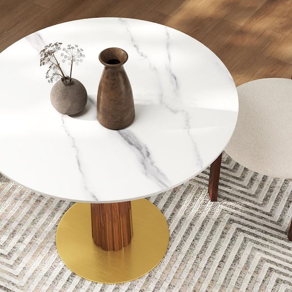 33 in. Modern Round White Sintered Stone Tabletop Dining Table with Solid Wood Pedestal (Seat 2)