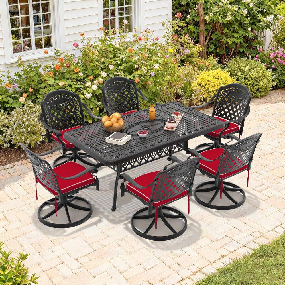 Black 7-Piece Cast Aluminum Outdoor Dining Set with 6 Swivel Rockers with Red Cushion and Rectangular Table