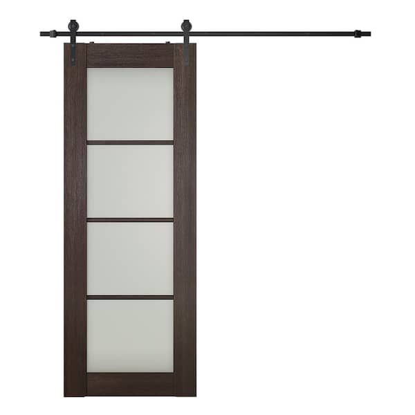 Belldinni Vona 4-Lite 30 in. x 80 in. 4-Lite Frosted Glass Veralinga Oak Wood Composite Sliding Barn Door with Hardware Kit