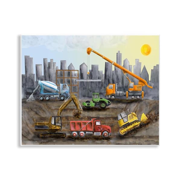 Stupell Industries Construction Trucks Skyline by Brett Blumenthal Unframed Typography Graphic Art Print 11 in. x 14 in.