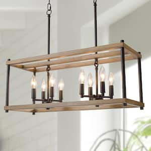 Modern Farmhouse 8-Light Black Island Chandelier with Faux Wood Rectangle Cage Candlestick Chandelier for Kitchen