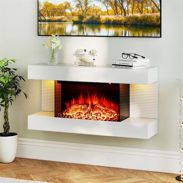 18 in. Wall Mount All-in-One Electric Fireplace with 32 in. Floating Mantel w/ 12-Color Dimmable Flame, Ambient Light