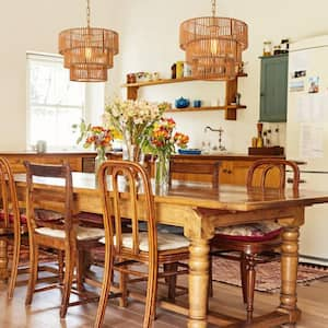 Boho 1-Light Hand-Woven Rattan Round Pendant Brass Chandelier for Kitchen Island, Living Room, with No Bulbs Included