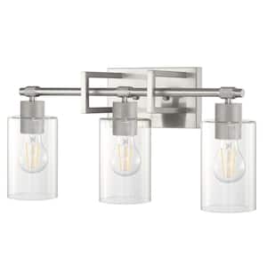 Vienna Modern Cylinder 22 in. 3-Light Nickel Vanity Light Transparent Glass Shade Bathroom Wall Sconce