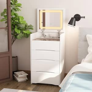 White Wood 3-Drawer Chest of Drawers with With Flip-top Mirror, Glass Top, LED Lights, Stool (18.7 in. W x 15.7 in. D)