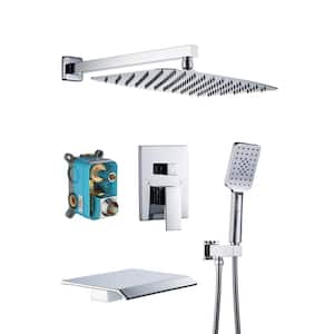 Mondawell Waterfall 3-Spray Pattern 12 in. x 8 in. Wall Mount Rain Dual Shower Heads w/Handheld, Spout & Valve in Chrome