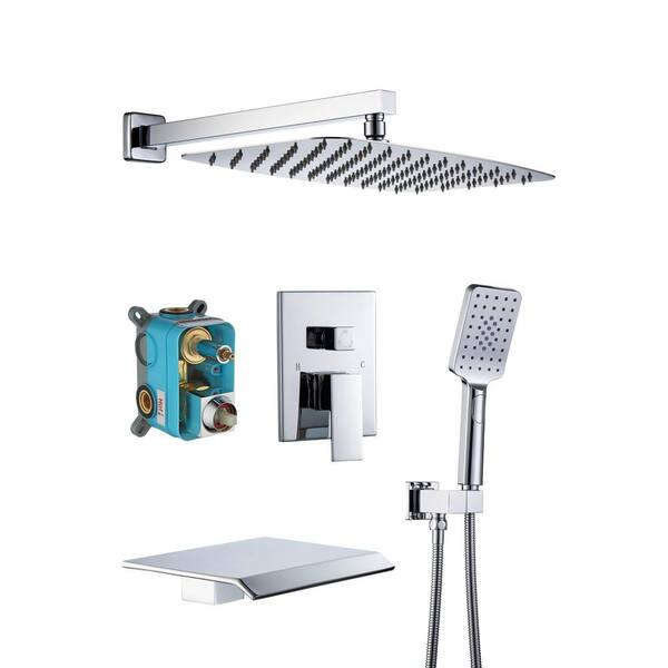 Mondawe Mondawell Waterfall 3-Spray Pattern 12 in. x 8 in. Wall Mount Rain Dual Shower Heads w/Handheld, Spout & Valve in Chrome