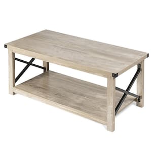 43.5 in. L x 19.5 in. D Rustic Metal X Shaped Grey Wash Accent Coffee Table with Shelf