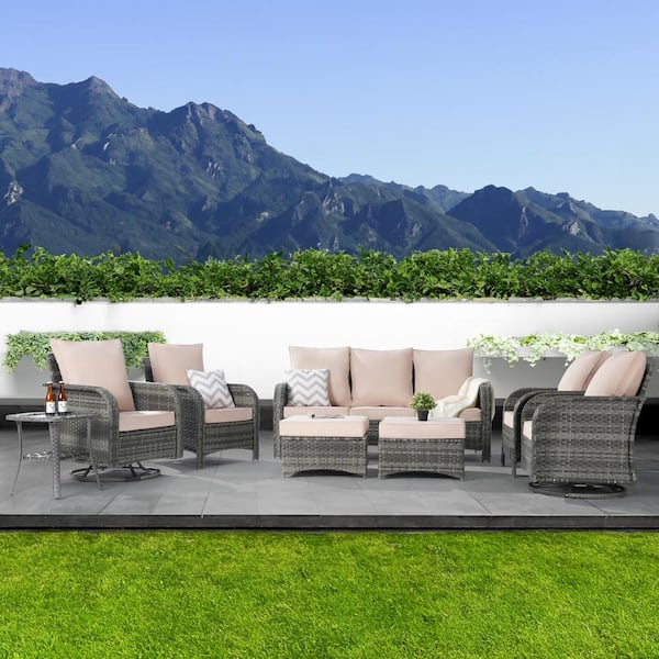 SANSTAR 8-Piece Patio Furniture Outdoor Sofa Set with High Back Swivel Rocking Chairs and Ottomans, Sand