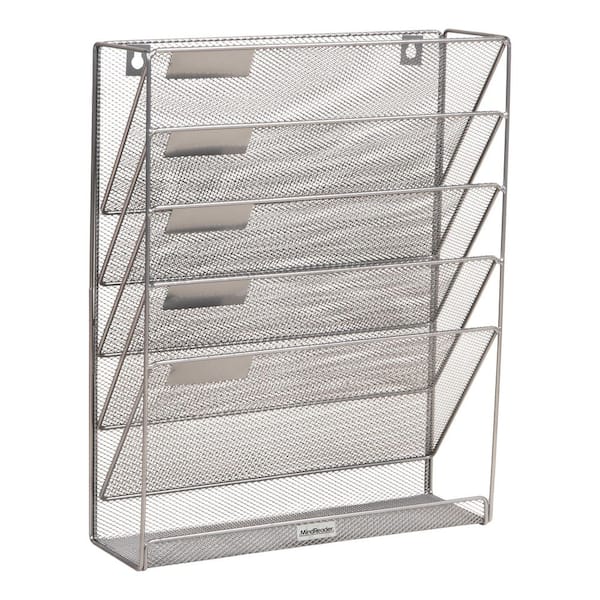 16 in. H x 4 in. W x 12.75 in. D Vertical File Storage Desktop Organizer Angled Wall Mount Metal Silver