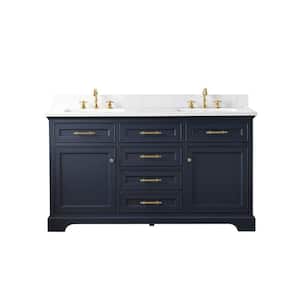 Thompson 60 in. W x 22 in. D Bath Vanity in Indigo Blue with Engineered Stone Top in Carrara White with White Sinks