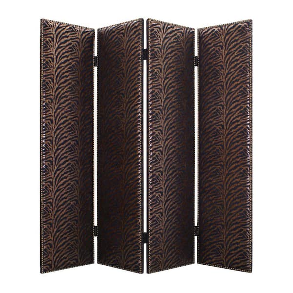 Benjara Black and Bronze Wooden 4-Panel Screen with Nailhead Trim Accents