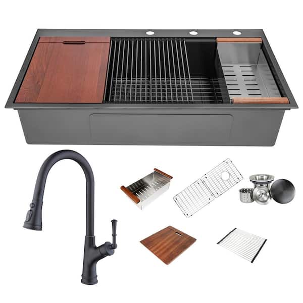 eModernDecor 16-Gauge Stainless Steel 42 in. Single Bowl Drop-In Workstation Kitchen Sink Combo with Faucet