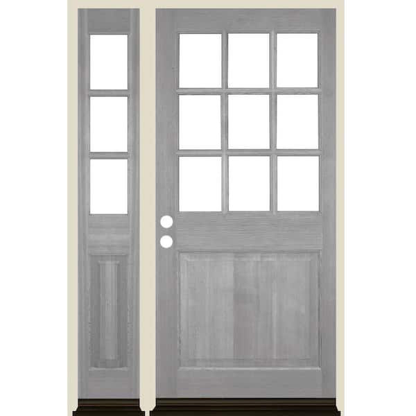 Krosswood Doors 50 in. x 80 in. Farmhouse 9-Lite Clear Glass Right-Hand Grey Stain Hemlock Wood Prehung Front Door w/ LSL