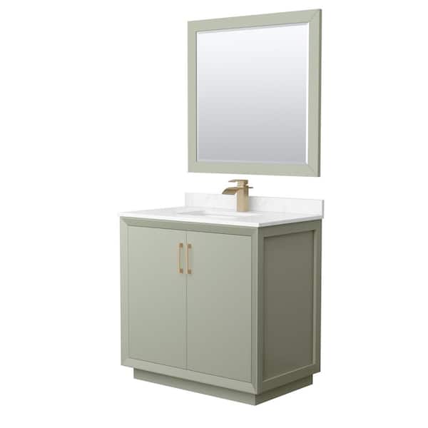 Wyndham Collection Strada 36 in. W x 22 in. D x 35 in. H Single Bath Vanity in Light Green with Carrara Cultured Marble Top and 34" Mirror