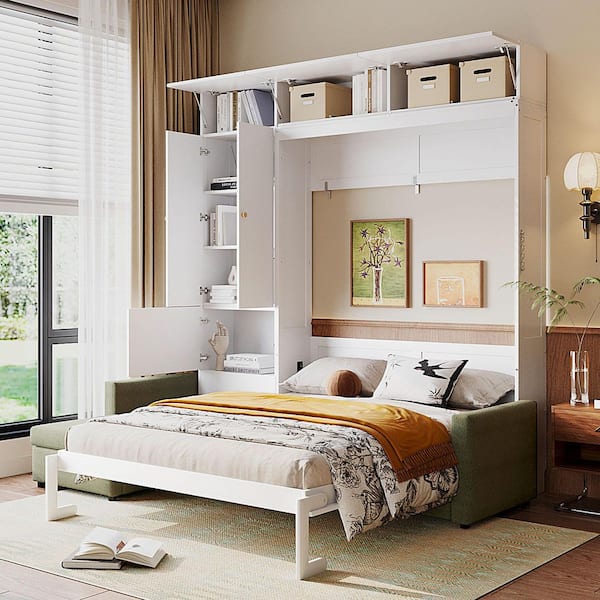 White Wood/Metal Frame Queen Size Murphy Bed with Sofa and Shelves