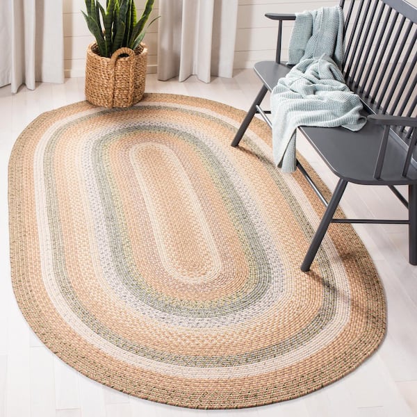 Braided Tan/Multi 8 ft. x 10 ft. Oval Border Area Rug
