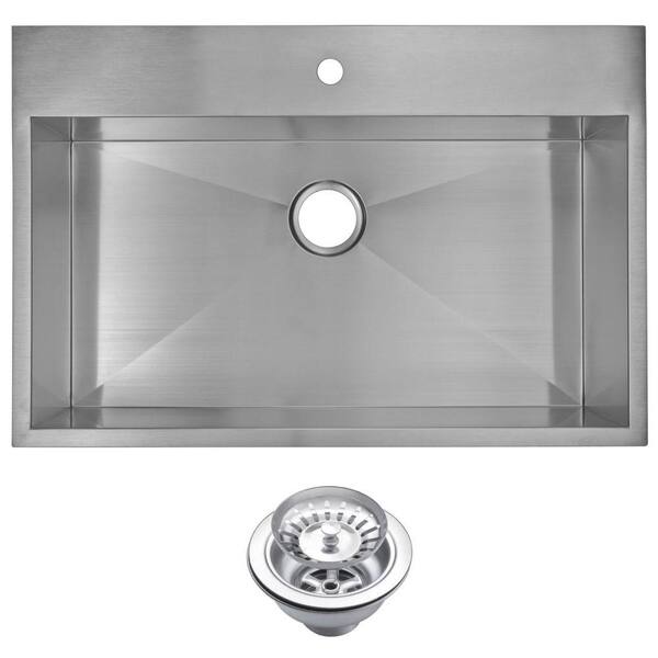 Water Creation Drop-In Zero Radius Stainless Steel 33 in. 1-Hole Single Bowl Kitchen Sink with Strainer in Satin
