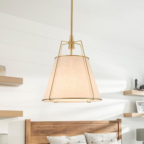 Haven Modern Farmhouse 15 in.W 4-Light Brass Frame Pendant Light with Beige Fabric Shade for Hallway or Kitchen