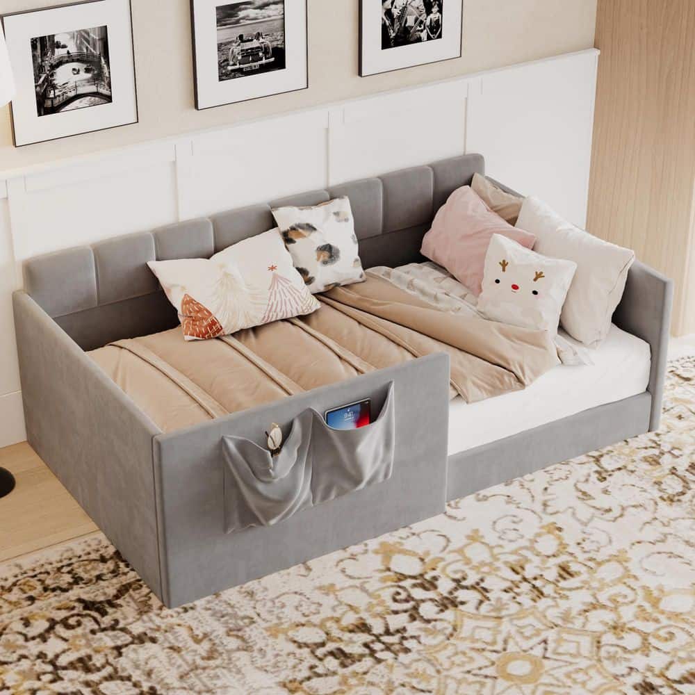 Utku Gray Twin Size Velvet Upholstered Daybed with High Side Panels and Side Entrance