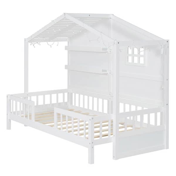 White Wood Frame Twin Size Platform Bed with Shelves,Window and Sparkling Light Strip