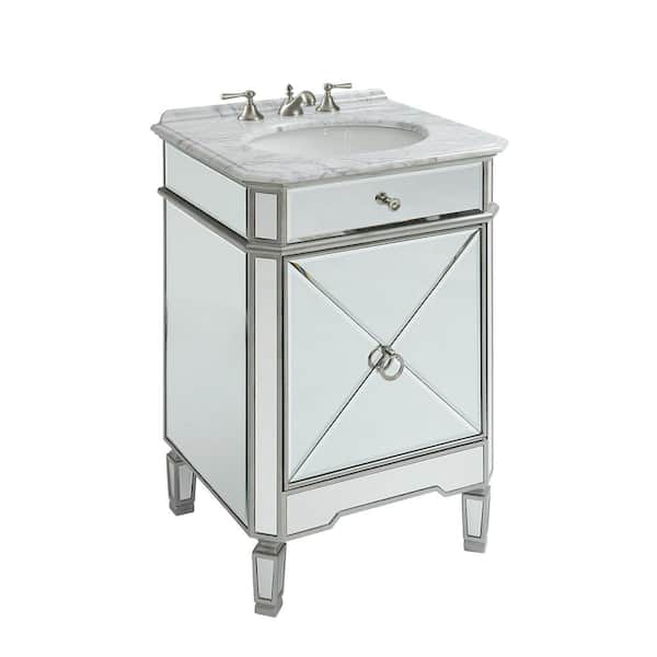 Benton Collection Asger 24 in. W x 20.5 in. D x 35 in. H Single Sink All Mirrored Bathroom Vanity with Italian Carrara Marble top