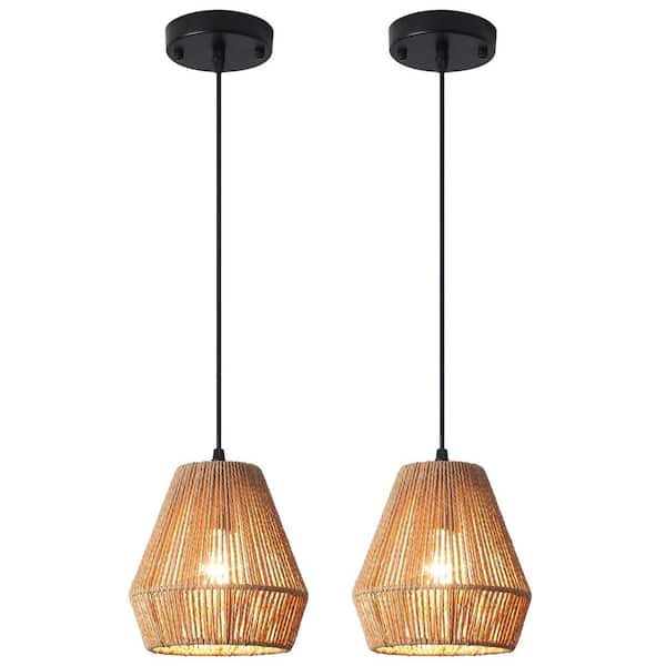 ADSENSTY 1-Light Black Mini Chandelier with Rattan Shade, No Bulbs Included (Set of 2)