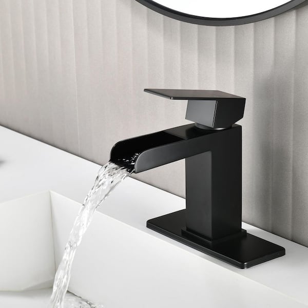 Single Handle Single Hole Bathroom Sink Faucet with Pop-Up Drain and Deck Plate in Matte Black 5.43 in. L Spout