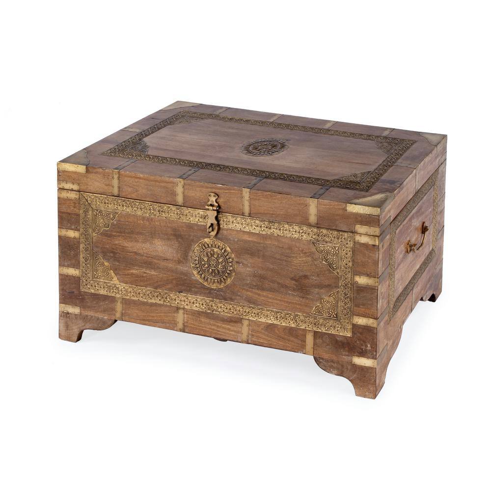 Bohemian Rectangular Brown Wood and Metal Storage Trunk