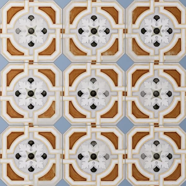 Merola Tile Vaudeville Octagon Deco Zimer with Taco Azzuro 8 in. x 8 in. Porcelain Floor and Wall Tile (11.25 sq. ft. /Case)