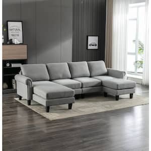 Modern 108.66 in. W Rolled Arm 2-Piece Velvet L Shaped 4-Seat Sectional Sofa in Light Gray with Ottoman