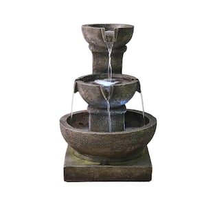 16 in. Resin 3-Tier Outdoor Water Fountain with LED Light Modern Curved Indoor-Outdoor Waterfall Fountain