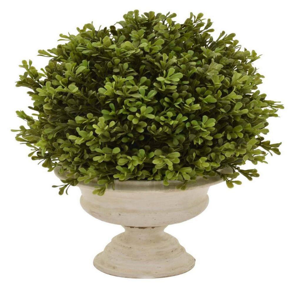 15-Inch Green Faux Boxwood Topiary Plant in Off-White Urn Pot