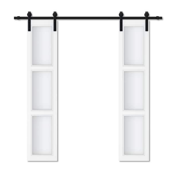 48 in. x 84 in. 3-Lite Tempered Frosted Glass Bright White Finished MDF Barn Door Slab with Hardware