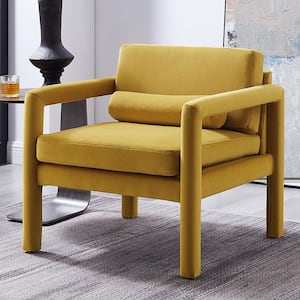 Calypso Yellow Velvet Ribbed Accent Oak Arm Chair with Metal Frame