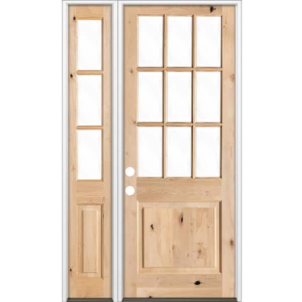 Krosswood Doors 50 in. x 96 in. Craftsman Knotty Alder 9-Lite Unfinished Right-Hand Inswing Prehung Front Door with Left Hand Sidelite