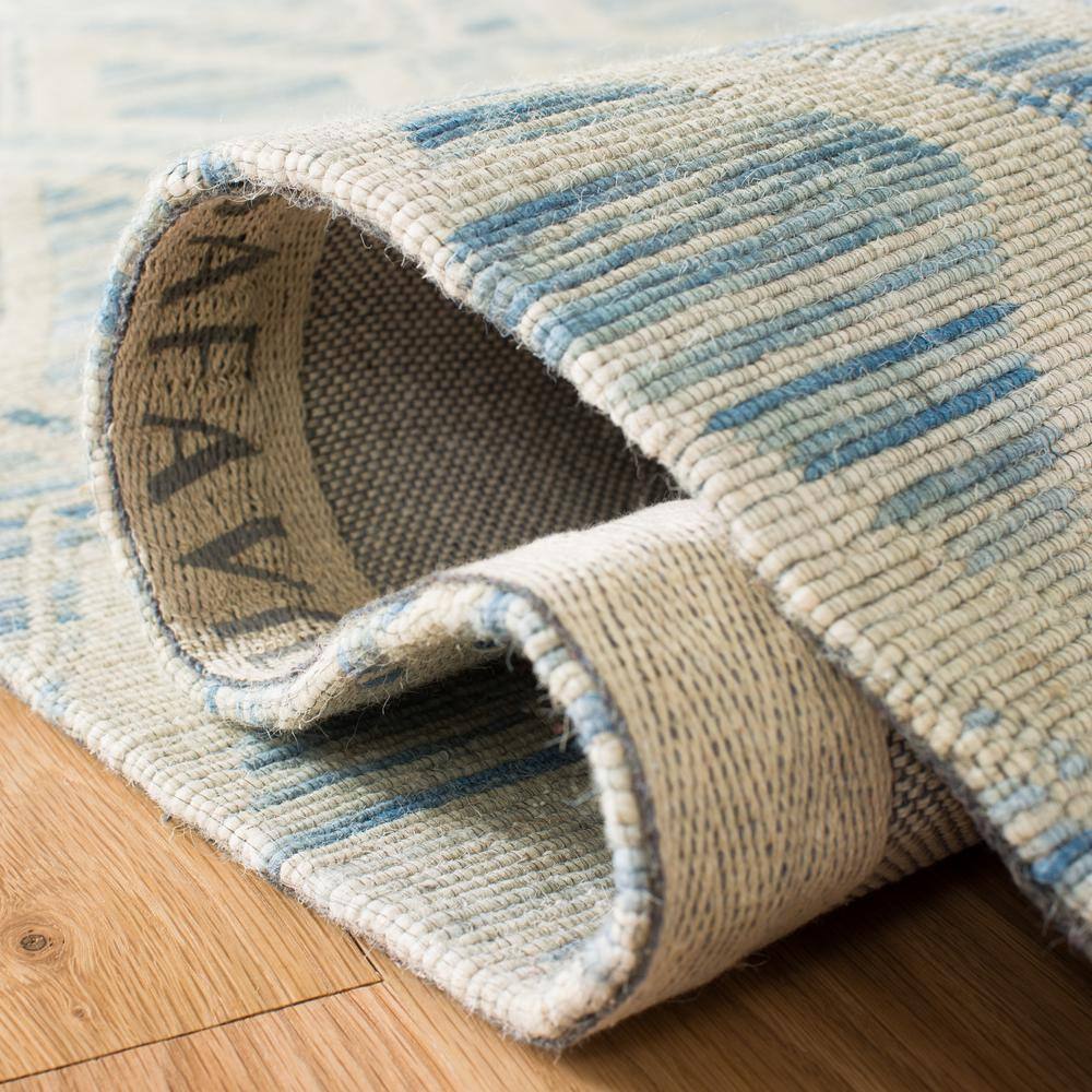 Ivory and Dark Blue Handmade Wool Geometric Rug, 2' 3" x 12'