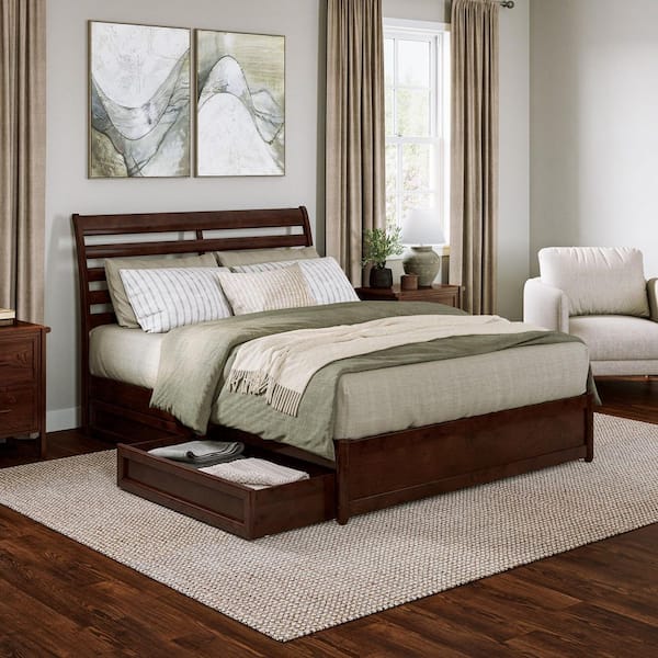 Emelie Walnut Brown Solid Wood Frame Queen Platform Bed with Panel Footboard and Storage Drawers