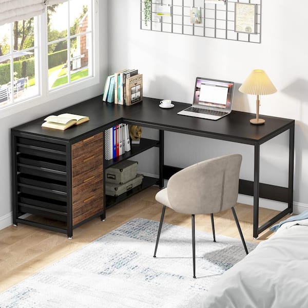 BYBLIGHT Lanita 59 in. L-Shaped Black Engineered Wood 4-Drawer Executive Desk with Shelves Reversible Computer Desk Writing Table