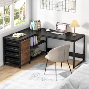 Lanita 59 in. L-Shaped Black Engineered Wood 4-Drawer Executive Desk with Shelves Reversible Computer Desk Writing Table