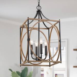 Brown Caged Chandelier, Faux Wood 4-Light Black Lantern Farmhouse Chandelier Island Pendant Light with Candle Style