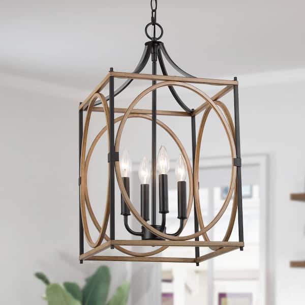 LNC Brown Caged Chandelier, Faux Wood 4-Light Black Lantern Farmhouse Chandelier Island Pendant Light with Candle Style