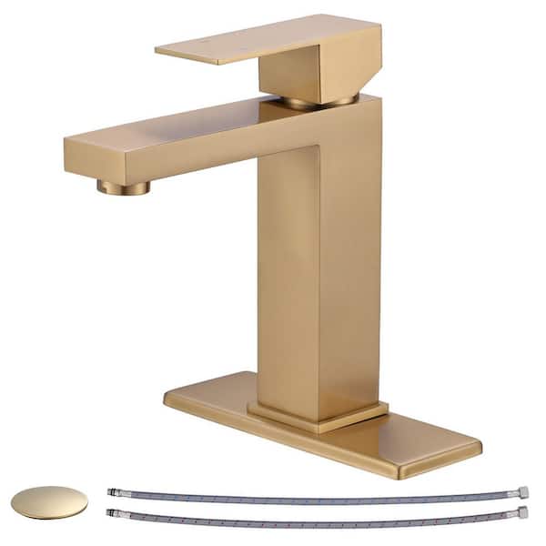 VEVETTA Single Handle Single Hole Bathroom Faucet with Pop-Up Drain and 2 Water Inlet Pipes Included in Brushed Gold
