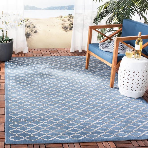 Courtyard Blue/Beige 8 ft. x 8 ft. Square Geometric Indoor/Outdoor Patio  Area Rug