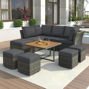 10-Piece Wicker Rattan Outdoor Patio Conversation Furniture Set with Coffee Table, Ottomans and Grey Cushions