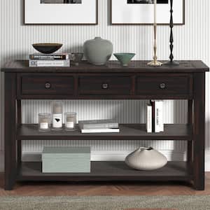 48 in. Black Rectangle Solid Pine Wood Top Console Table Entryway Sofa Side Table with 3 Storage Drawers and 2 Shelves