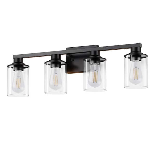 27 in. 4-Light Black Vanity Light, Modern Farmhouse Bathroom Lighting with Clear Glass Shades