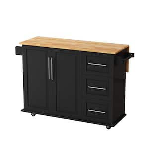 Black Wood Kitchen Cart with Foldable Top, Drawers, Spice Rack, Towel Holder, and Adjustable shelf